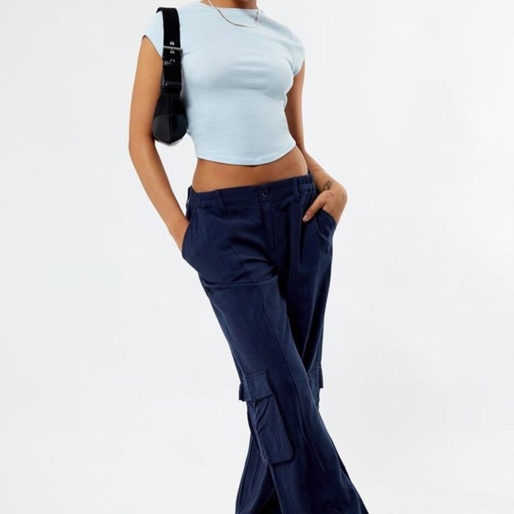 Navy Wide-Leg Cargo Linen Blend Pants